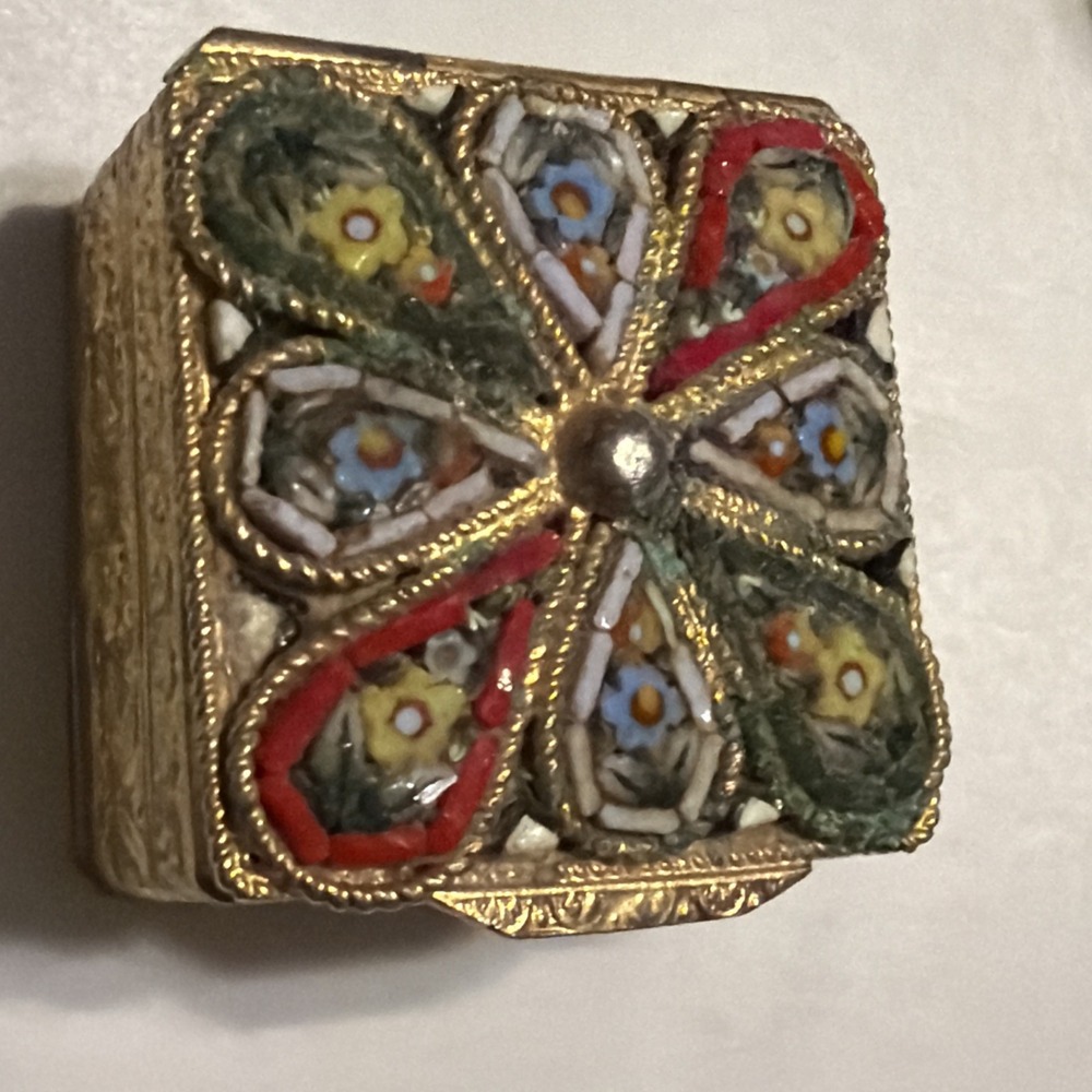 Vintage Italian Micro Mosaic Floral Pill Box Gilt Metal Trinket Box Italy